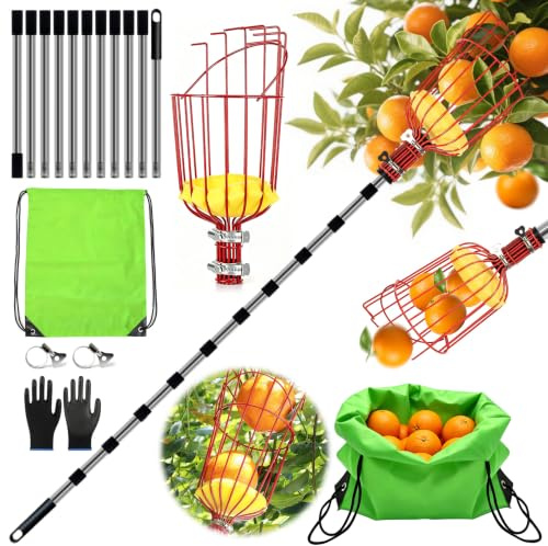 TZEKING Raccoglifrutta Telescopico 4,2m, Raccogli Frutta in Acciaio Inox, Regolabile per Mele, Pere, Arance, Limoni, Ciliegie