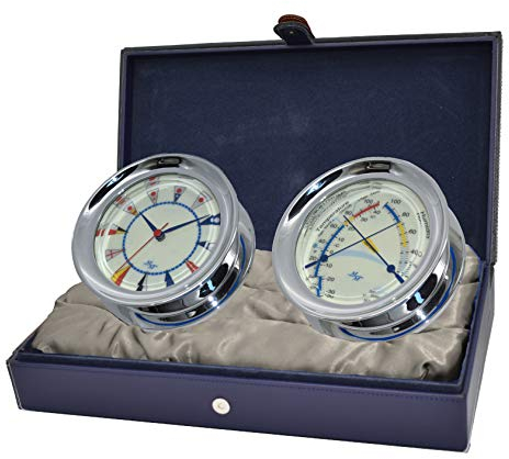 MASTER-MARINER American Voyager Collection - Coffret Cadeau - Verre à Vent Nautique de 14,6 cm de diamètre - Horloge et Compteur de Confort - Finition chromée - Cadran de signalisation Ivoire
