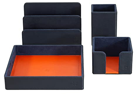 DUDU Set da Scrivania in Pelle per Ufficio 4 pz con Svuotatasche Porta Penne Porta Lettere Porta Block Notes Navy