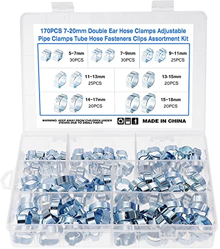 Faankiton 170PCS 7-20mm Doppelohr-O-Clips Schlauchschellen 2-Ohr Schellen-Sortiment 7 Größen, Verstellbar