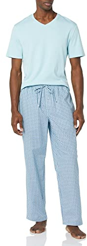 Amazon Essentials Pyjama avec Pantalon en Popeline de Coton Extensible et T-shirt en Jersey de Coton Homme, Bleu Clair Imprimé Géométrique, S