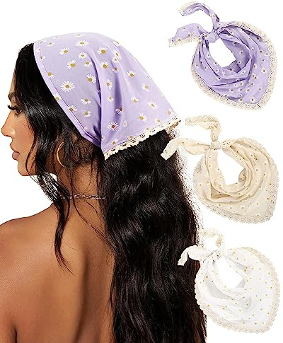 AWAYTR 3Pcs Hair Bandanas Head Kerchief for Women Girls Tie-Back Boho Hair Scarf Headband Bandana Triangle Head Scarf (Sunflowers - Yellow/White/Purple)