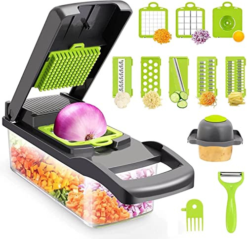 Vegetable Chopper, EASY SLICE, Multifunctional 16-in-1 Food Fruit Choppers Onion Chopper Vegetable Slicer Cutter Dicer Veggie Chopper, Colander Basket, Container for Salad Potato Carrot Garlic