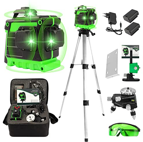 Selbstnivellierender 360-Grad-Laser, grüner 3D-Laser, 12 Linien, mit Stativ, horizontale und vertikale Kreuzlinien-Wandhalterung, 2 Batterien