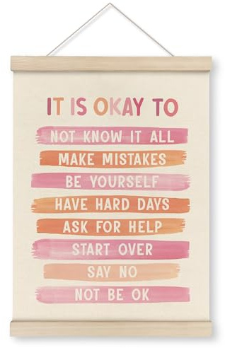 HRQKO It is Okay Pink Boho Poster Hanger Frame, Pink wall decor, Inspirational Posters Wall Art with Wooden Frames, Mental Health Wall Hanging Banner for Therapy Office Girls Room Nursery, 12x16 Inch