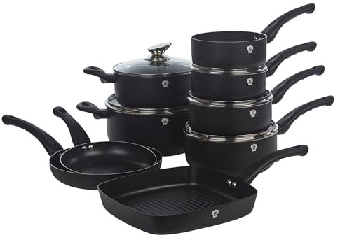 Blaumann 14 Pcs Cookware Pots Grill Pans Set with Soft Touch Handles Glass Lids (Matt Black)