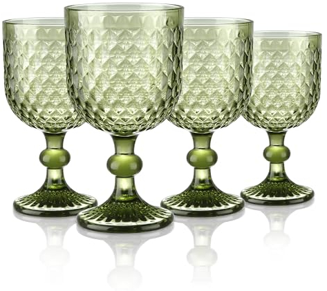 Joeyan 350ml Grün Vintage Weingläser mit Diamant Geprägte Design,Bunt Kelchgläser Weinkelch Set für Wein Saft Getränke,Set von 4 Trinkgläser Retro mit fuß, Spülmaschinenfest