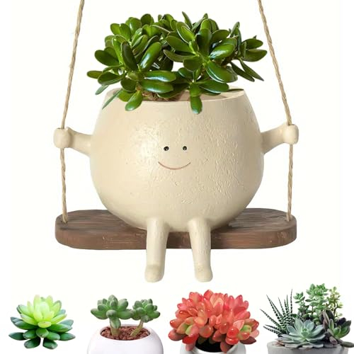 Vellivar Hanging Plant Pots Indoor Swinging Plant Pot with Face Hanging Planter Smile Face Hanging Plant Pot Small Hanging Resin Flower Head Planters Outdoor Home Office Balcony Garden Decor