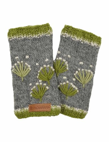 Pachamama Women Wool Hand Wrist Warmers Fleece Lined Handknitted Flower Embroidered Green One-Size Handmade Extra Warm Fair Trade