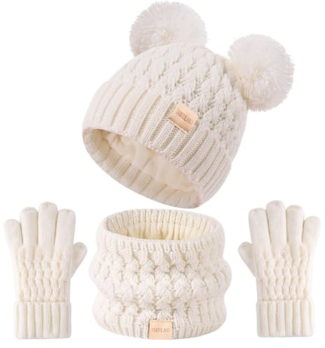 Tontuland Kids Winter Hat Scarf Gloves Set Children's Warm Knit Fleece Lined Pompom Hat for Kids Ages 3-9, Perfect for Boys and Girls White