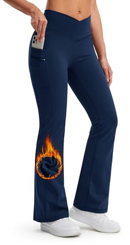 Libin Thermo Leggings Damen Fleece Gefütterte Winter Flared Leggings Warme Wanderhose Wasserabweisend Winddicht V Crossover Schlaghose Damen Laufhose mit Taschen, Marineblau, S