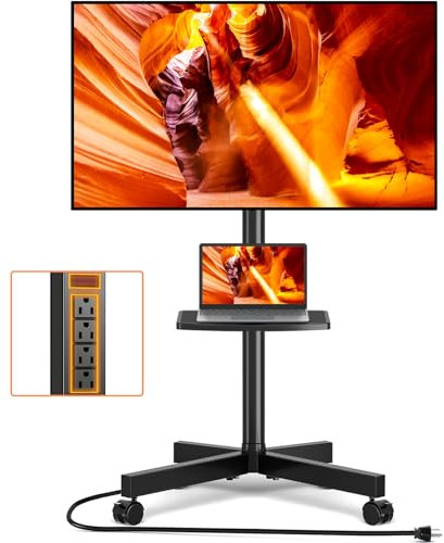 TVON Mobile TV Stand with Power Outlet, Tilt Rolling TV Cart for 23-65 Inch LCD LED OLED Flat Curved Screen TVs up to 88 lbs, Height Adjustment Portable TV Stand on Wheels, Max VESA 400x400mm