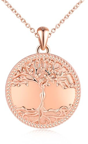 MicLee Damen Kette Anhänger 925 Silber Foto Runde Medaillons Silber Photo Halskette Amulett Kreativer Baum des Lebens Gravur Openable Anhänger, Rose Gold
