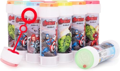 Toyland® Pack de 12 Avengers Botes de Burbujas con Varitas, Solución de 60ml y Tapa de Laberinto Novedosa - Juguetes para bolsitas de Fiesta y Dinero de Bolsillo