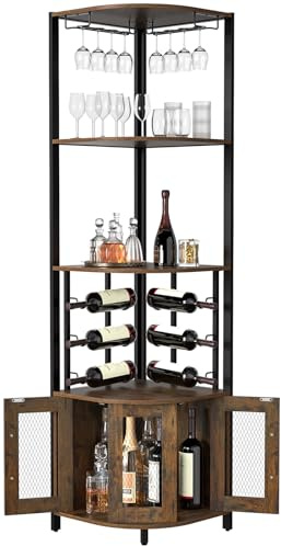 Skokliz Weinschrank Eckschrank Industrial, Barschrank mit Glashalter, 4-Stöckiger Spirituosenschrank mit Metallgittertüren, Küche Hausbar Buffet-Weinregal, Küchenschrank für die Hausbar oder Kaffeebar