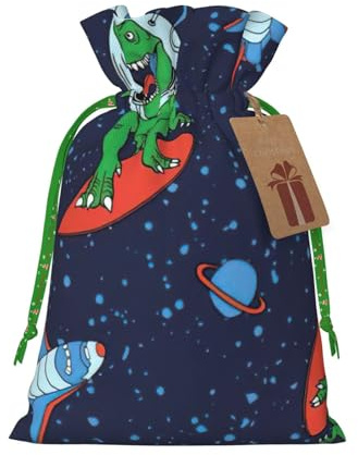 Divertidas bolsas de regalo de Navidad con cordón y estampado de cohete de dinosaurio astronauta, saco festivo de Navidad, fiesta de cumpleaños, embalaje de regalo