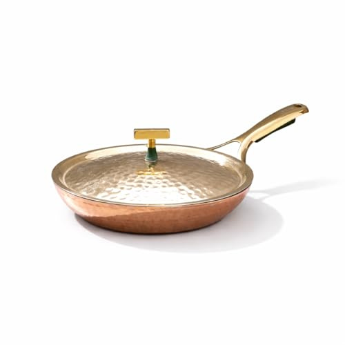 P-TAL Handcrafted Copper Frying Pan with Insulated Brass Handle, Non-Toxic Malaysian Tin Coating, Naturally Non-Stick, with Lid
