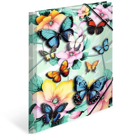 Herma Folder A4 Butterfly, Children's Corner Folder Made of Cardboard with Flower Motif, Elastic Band, Inner Flaps and Inner Print for Boys and Girls