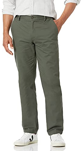 Amazon Essentials Pantalon Chino sans Pince Infroissable Coupe Droite Homme, Olive Foncé, 38W / 30L