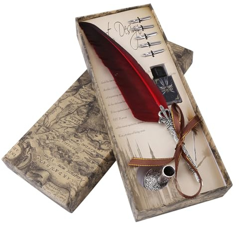 Garosa Pluma Feather pen Tintero Pluma de La Pluma del Vintage, Antiguo de La Tinta de Escritura de La Pluma de La Pluma de La Inmersión de La Caligrafía Inglesa, Aspecto de Talla del Metal(Red)