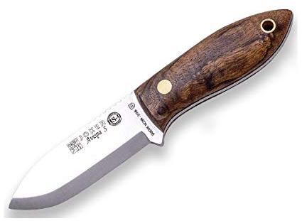 Joker Jagdmesser Avispa S CN121, Klinge 8 cm aus SANDVIK 14C28N Stahl, Gürtelmesser mit Walnuss Holzgriff, mit brauner Lederscheide, Werkzeug zum Angeln, Jagen, Camping und Wandern
