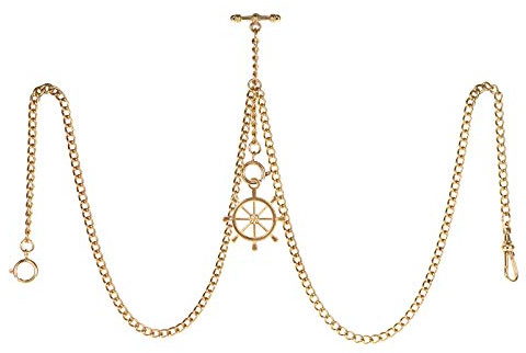 TREEWETO Men's Double Albert Chain Pocket Watch Curb Link Key Chain 3 Hooks with Antique Gold Rudder Pendant Design Charm Fob T Bar