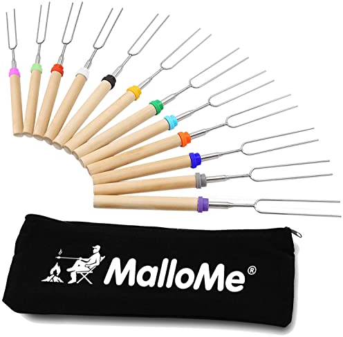 MalloMe Smores Sticks for Fire Pit Long - Marshmallow Roasting Sticks Smores Kit - Smore Skewers Hot Dog Fork Campfire Cooking Equipment, Camping Essentials S'mores Gear Outdoor Accessories 32 12Pack