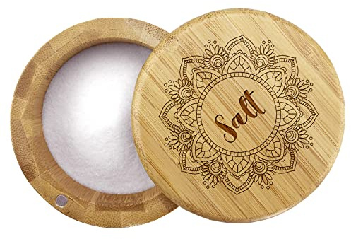 Totally Bamboo Salt Cellar Bamboo Storage Box with Magnetic Swivel Lid, 6 Ounce Capacity, Mandala Flower Engraved on Lid