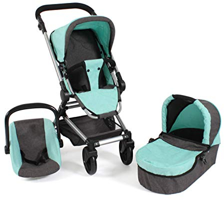 Bayer Chic 2000 Puppenwagen Fides, 3in1 Puppenwagen-Set bestehend aus Babywanne, Sportsitz und Autositz, 61 x 44,5 x 85 cm, Melange Anthrazit-Mint