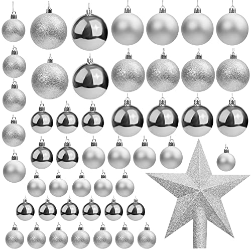 Belle Vous 50 Pack Christmas Baubles - Assorted Size Glittery Silver Baubles with Star Tree Top - Xmas Tree Ball Hanging Ornaments for Christmas Decorations Holiday Party Indoor/Outdoor Decorations