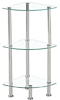 Modernique Glass Shelf Tier Storage Unit, Corner in Black or Clear Glass with Chrome Stand, Shelving Unit (Clear, Tier 3)