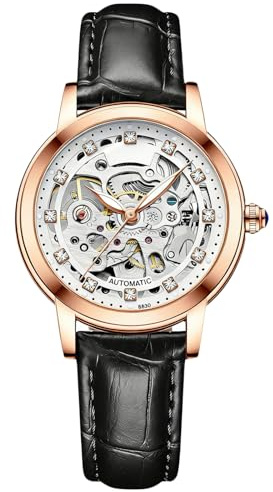RORIOS Montres Femmes Etanche Mécanique Montres Bracelet de Cuir Remontoir Automatique Montre Mode Robe Montre pour Dames Fille