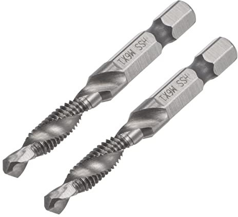 sourcing map Combination Drill and Tap Bit, 1/4 Hex Shank M6 x 1 Metric Uncoated High Speed Steel 4341 Spiral Flute Drilling Tapping Tool 2pcs