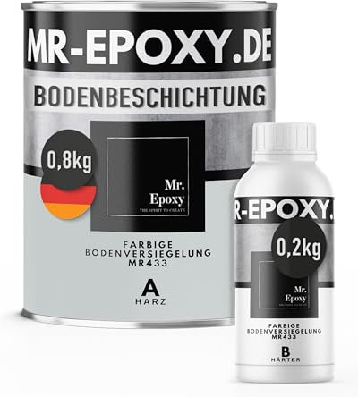 Mr. Epoxy Epoxidharz Bodenbeschichtung (1 kg, RAL 7035 Lichtgrau) - 2K Betonfarbe für Garagen, Keller & Werkstatt Boden - Flüssigkunststoff Epoxid Grundierung und Bodenversiegelung