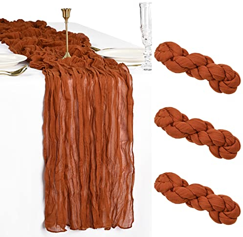 Showgeous Lot de 3 chemins de Table en étamine, 90 x 300 cm de Long, Nappe en Gaze Semi-Transparent, décoration de Table bohème ou Rustique pour Mariage, Arche, fête (Terre Cuite)