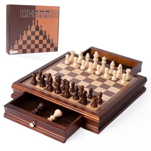 SANCHKEN 12.8 Wooden Magnetic Chess Set Classic Interactive Chess Board Game Set for Adults Chess Board with 2 Built-in Storage Drawers - 2 Extra Queen (brown-a)
