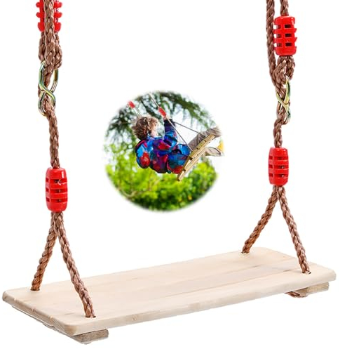 Schaukel aus Holz, Holz Schaukelsitz für Kinder und Erwachsene, Schaukel Outdoor mit Einstellbares Hanfseil, Kinderschaukel Outdoor für Gartenhof Innen und Außenbereich bis zu 150 kg