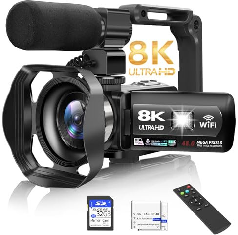 Caméscope 8K 48 MP 15 FPS UHD WiFi Vlogging Caméra avec vision nocturne IR pour YouTube, 3 Pouces Écran Tactile Zoom Numérique 18X avec Lumière de Remplissage, Microphone