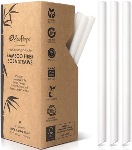 EcoPreps Biodegradable Jumbo Smoothie Straws, Bamboo Fiber Boba Straws - 50 PCS, Extra Wide, 100% Compostable, Plastic-Free, Eco-Friendly Large Wide-Mouthed Straw - 8.25 Long Bamboo Disposable Straw