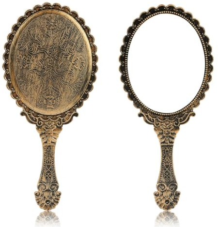 SVUPUE Vintage handspegel brons, oval, 11,5 x 25 cm, 1 st, kosmetisk spegel med handtag, retro, dekorativ, resor