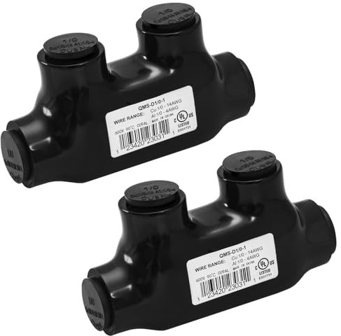 Heschen 2 Pcs Insulated Multi-Tap Connectors, 1/0-14AWG, 2 Port, Rated Up to 600V, Dual Sided Entry Cable Splicers, Electrical Power Wire Terminal Connectors, QMS-D1/0-1