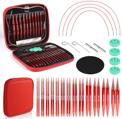 EFUTURETIME 13 Paires Ensemble d'aiguilles à Tricoter Circulaires Interchangeables 3,0-10,0mm, Aiguilles en Métal Glissent Bien avec 40-100cm Câble pour Débutante en Tricot, Cadeau, Rouge