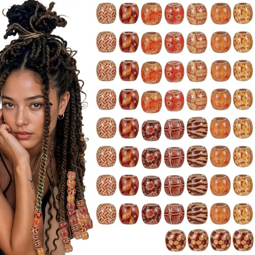 Ouligay 60 Stück Holzperlen Gemalt Holz Perlen mit Loch Groß Holzkugeln Haarperlen for Braids, Verschiedene Muster Hair Beads für Dreadlocks Schmuck DIY Armband Basteln
