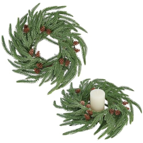 GORGECRAFT 2 Corona Navideña con Velas Hojas de Pino Verdes Artificiales Piñas Adornos para Árboles de Navidad Portavelas Coronas para Interiores Y Exteriores Estatuas Y Pilares de Mesa.