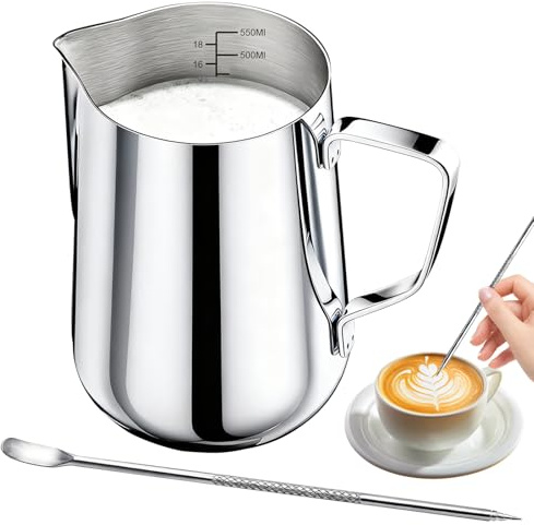 Tbintul Jarra de leche de acero inoxidable, 600 ml, espumador de leche de mano con lápiz decorativo y escala, jarra de leche barista, jarra de leche ideal para espresso, capuchino, latte, plata
