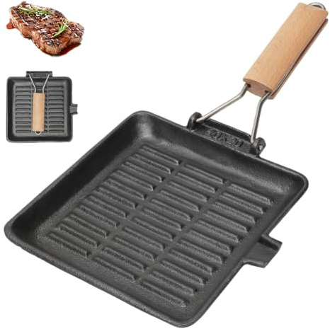 Tutamaz Steakpfanne Gusseisen Grillpfanne Klappbarer Holzgriff,Antihaft-Grillpfanne 20 x 20 cm Quadratische Pfanne für Feuerstelle, Grillplatz, Lagerfeuer, Ofen und Herd geeignet