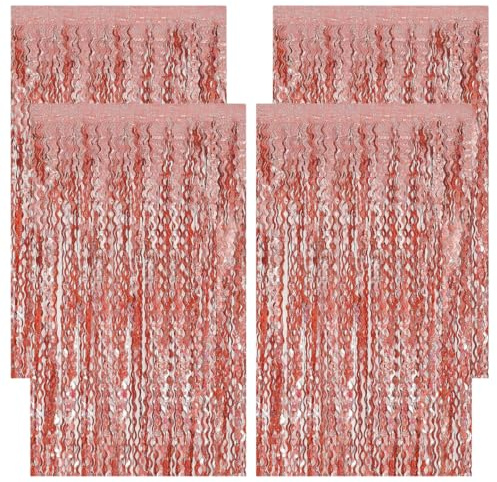 Tenda Lametta Rose Gold a Onde Set da 4, Tenda con Frange Metallizzate Glitter 1x2 m, Decorazioni Compleanno, Matrimonio, Addio al Nubilato, Festa di Laurea, Sfondo Fotobooth e Decorazione da Parete