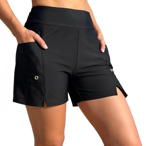 Kideerly Swim Shorts Women, Board High Waisted with Pokcets Liner Quick, Womens Swim Shorts, Swimming Shorts Womens, for Swimming Board Running Summer (UK, Alpha, XL, Regular, Regular) Black