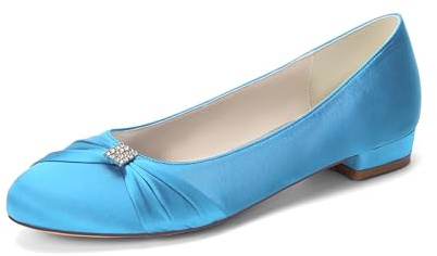 Chaussures De Mariage Plates en Strass pour Femmes Chaussures De Mariée Talon Plat Bout Rond Satin Élégantes Chaussures De Bal Et De Soirée,Sky Blue,41 EU