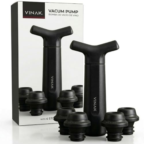 VINAK - Bomba de vacío para vino – Conservador de vino con 4 Tapones reutilizables | Sistema de sellado al vacío profesional con indicar de fecha | Conserva el sabor por más tiempo